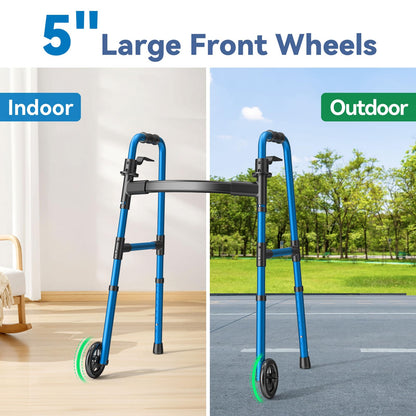 Loyoda Folding Walker with 2 Skis and 5" Wheels, Lightweight Walkers for Seniors and Adults, Supports Up to 350 Pounds, Adjustable Height, Compact Standard Walker, Black