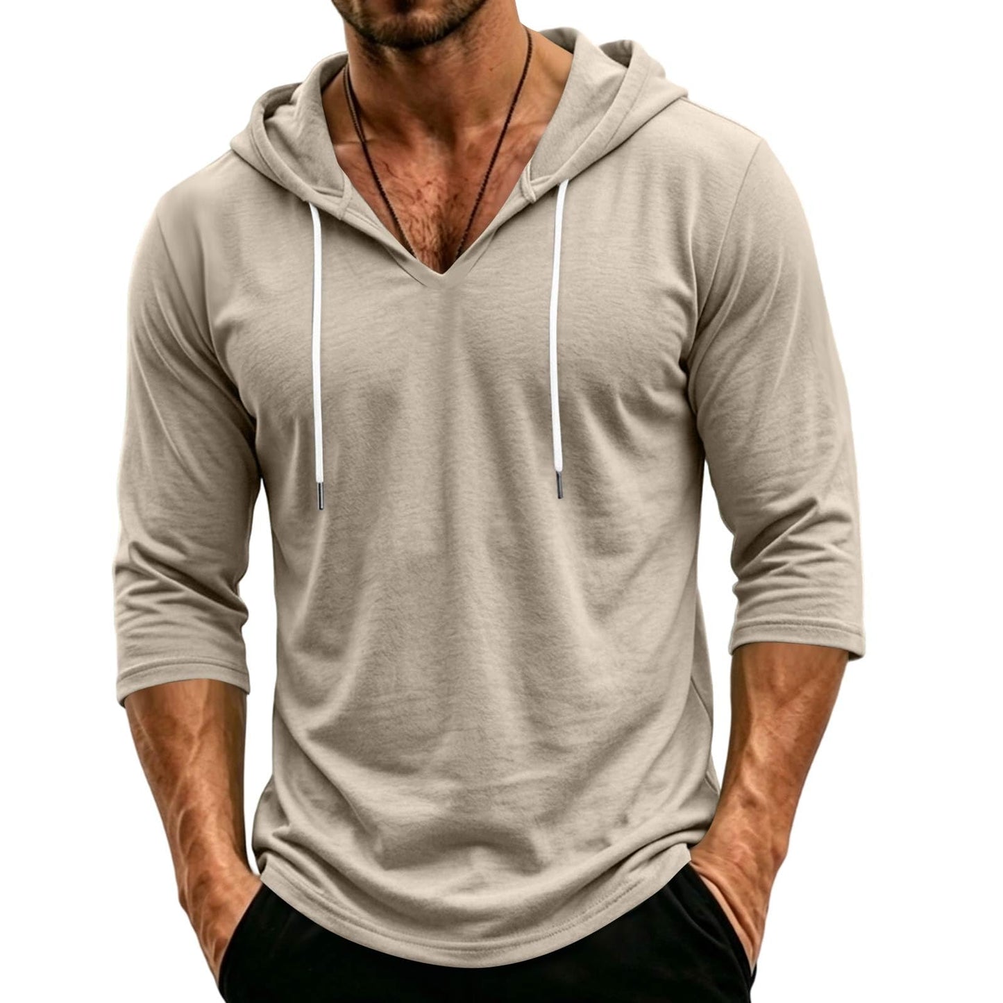 Mens Hooded 3/4 Sleeve Pullover Relaxed Fit Casual Lightweight Comfort Top