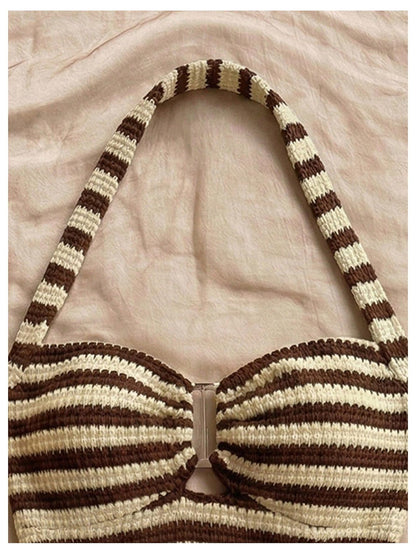 SOLY HUX Women's Summer 2 Piece Outfits Striped Crochet Halter Top Mini Shorts Set Beach Vacation Y2K Sets