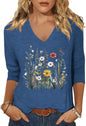 Womens V Neck Flowers Shirts Boho Floral Printed T-Shirt Vintage Graphic Tee Summer Casual Cute 3/4 Sleeve Tops