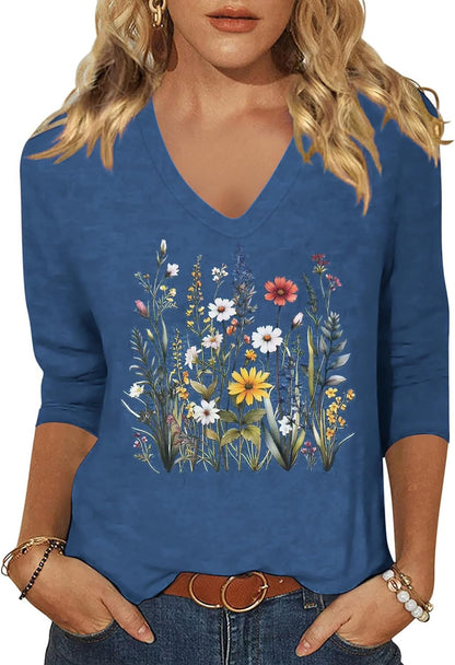 Womens V Neck Flowers Shirts Boho Floral Printed T-Shirt Vintage Graphic Tee Summer Casual Cute 3/4 Sleeve Tops