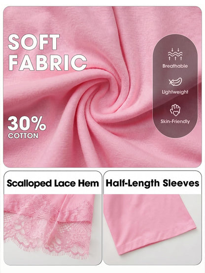 EXLURA Womens Summer Oversized Lace Trim T Shirts 2026 Casual Half Sleeve Asymmetrical Hem Tops Loose Crewneck Tunic Blouse