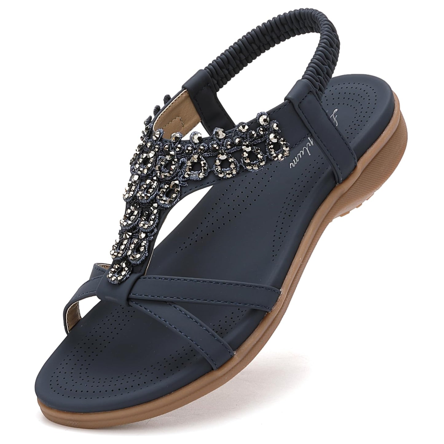 Littleplum Womens Sandals Arch Support Slingback Rhinestone Dressy Sandals Comfort Summer Shoes Ankle Strap Elastic Flats for Beach Walking