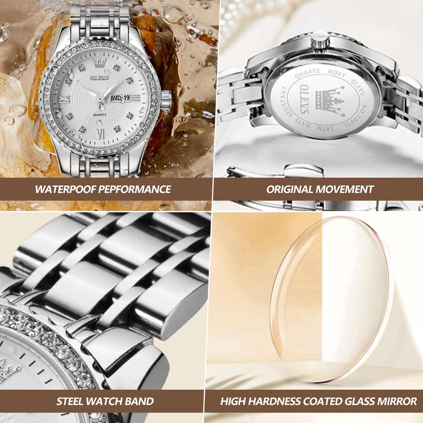 OLEVS Watches Women with Date Silver Stainless Steel Luxury Ladies Watches with Small Writs Diamond Watches for Women Waterproof Elegant Dress Quartz Analog Women's Wrist Watches Reloj de Mujer