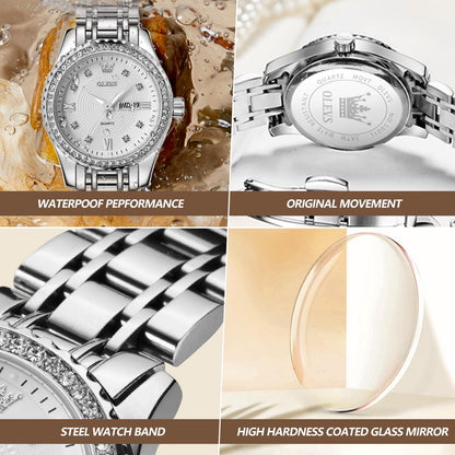 OLEVS Watches Women with Date Silver Stainless Steel Luxury Ladies Watches with Small Writs Diamond Watches for Women Waterproof Elegant Dress Quartz Analog Women's Wrist Watches Reloj de Mujer