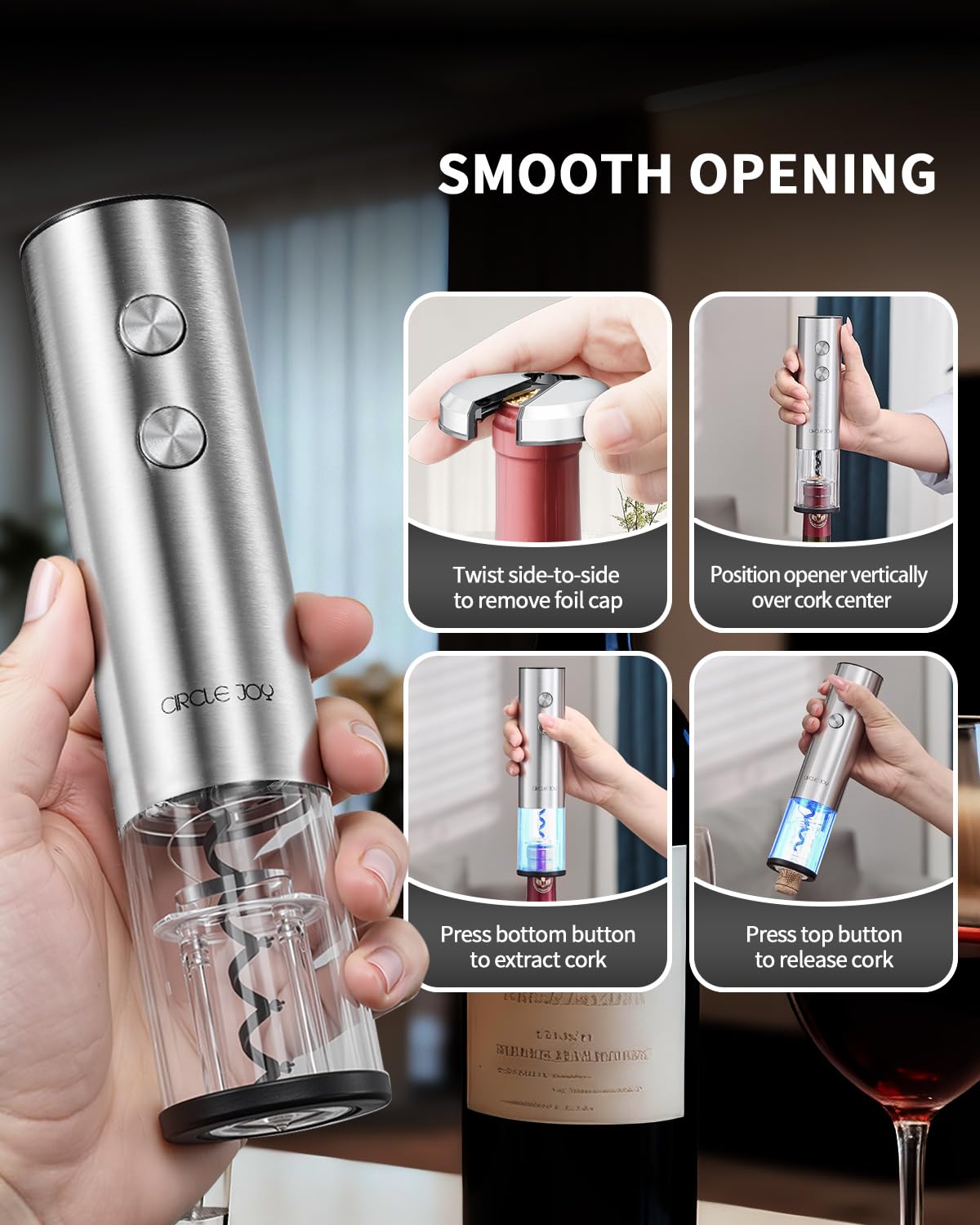 CIRCLE JOY Electric Wine Opener Rechargeable 5-in-1 Stainless Steel Wine Gift Set with Foil Cutter, Wine Aerator Pourer, Wine Drip Ring & Vacuum Stopper, Ideal Gifts for Wine Lovers, Silver
