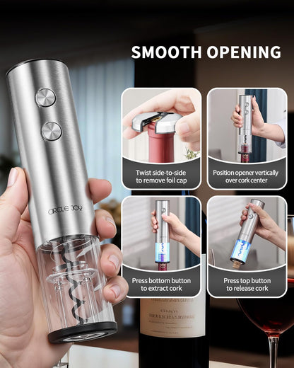 CIRCLE JOY Electric Wine Opener Rechargeable 5-in-1 Stainless Steel Wine Gift Set with Foil Cutter, Wine Aerator Pourer, Wine Drip Ring & Vacuum Stopper, Ideal Gifts for Wine Lovers, Silver