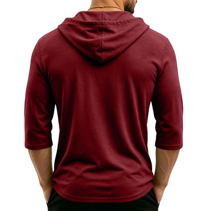 Mens Hooded 3/4 Sleeve Pullover Relaxed Fit Casual Lightweight Comfort Top
