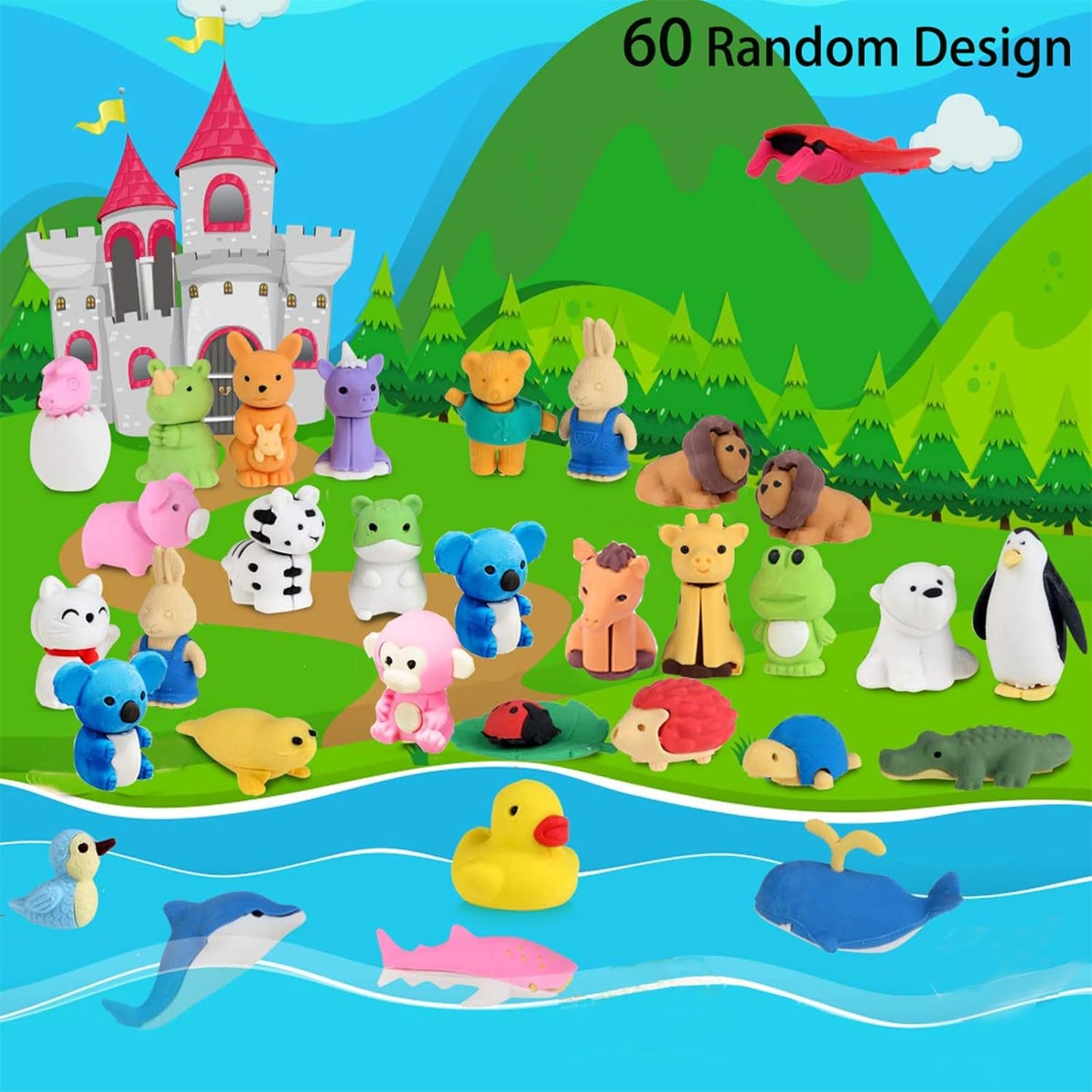URSKYTOUS 60Pcs Animal Erasers Desk Pets for Kids,Classroom Prizes | Bulk Puzzle Erasers Toys,Party Favors,Back to School,Treasure Chest,Goodie Bag Stuffers,Easter Egg Fillers,Stocking Stuffers