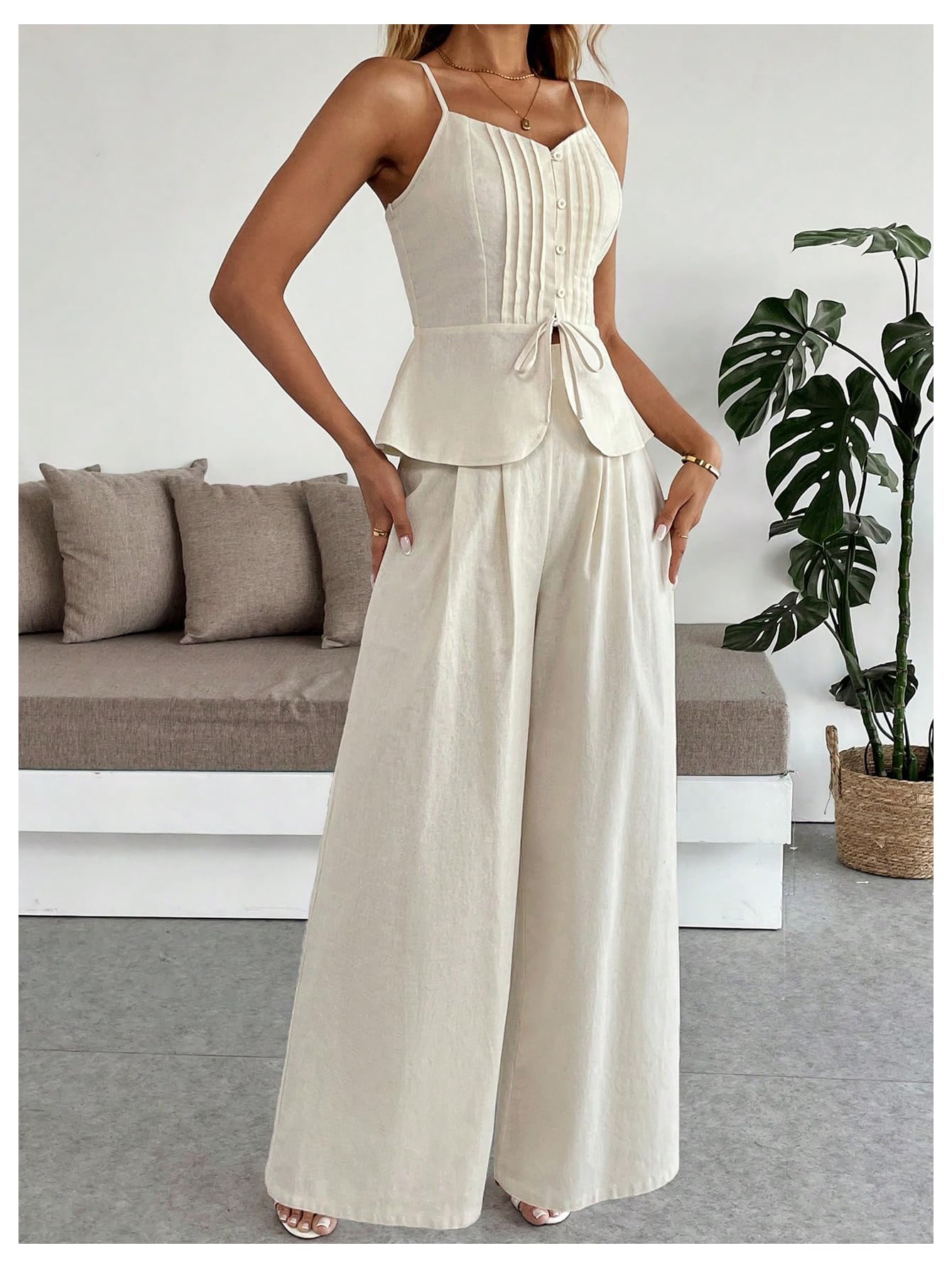 SOLY HUX Women's 2 Piece Summer Outfit Button Down Peplum Cami Top and Wide Leg Pants Set