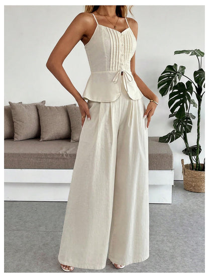 SOLY HUX Women's 2 Piece Summer Outfit Button Down Peplum Cami Top and Wide Leg Pants Set