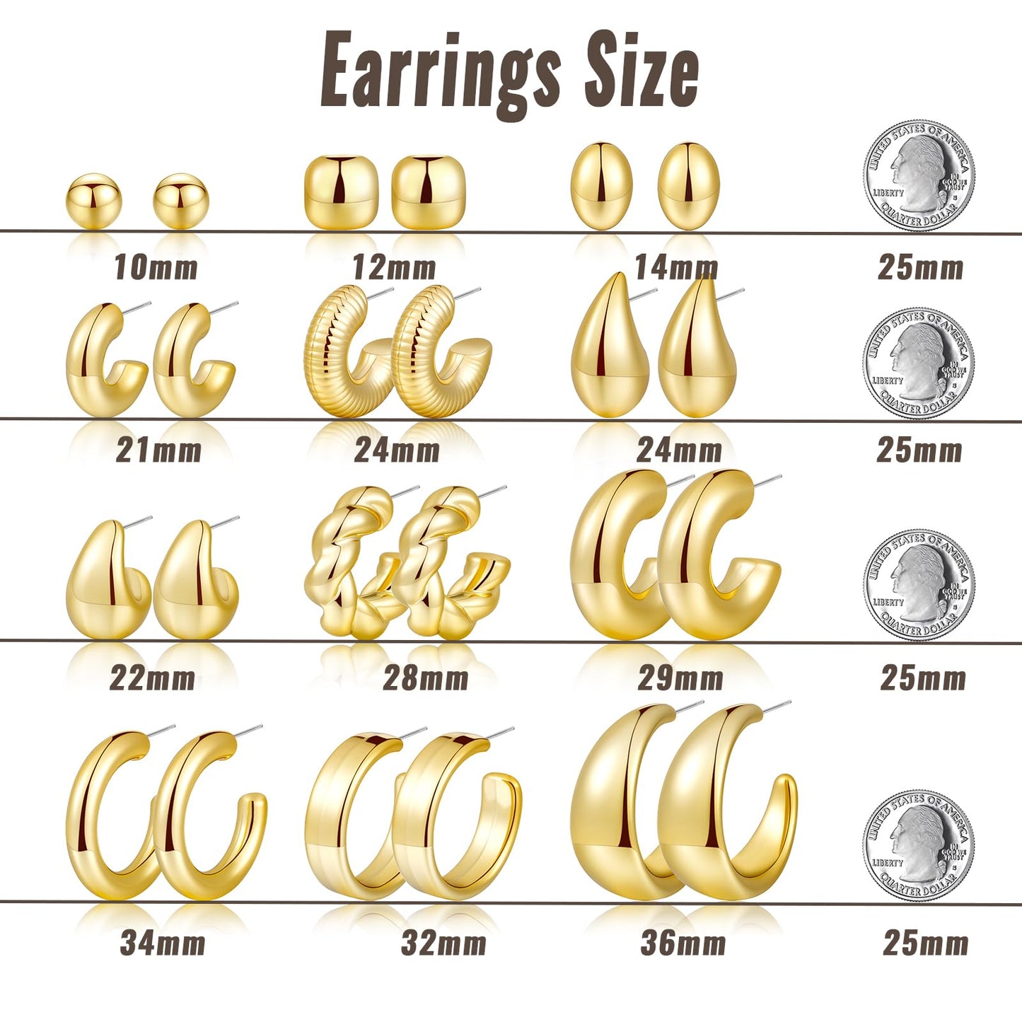 12 Pairs Chunky Gold Hoop Earrings for Women Trendy, Gold Plated Lightweight Hypoallergenic Stack, Thick Open Twisted Huggie Hoops Earring Set