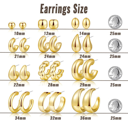 12 Pairs Chunky Gold Hoop Earrings for Women Trendy, Gold Plated Lightweight Hypoallergenic Stack, Thick Open Twisted Huggie Hoops Earring Set