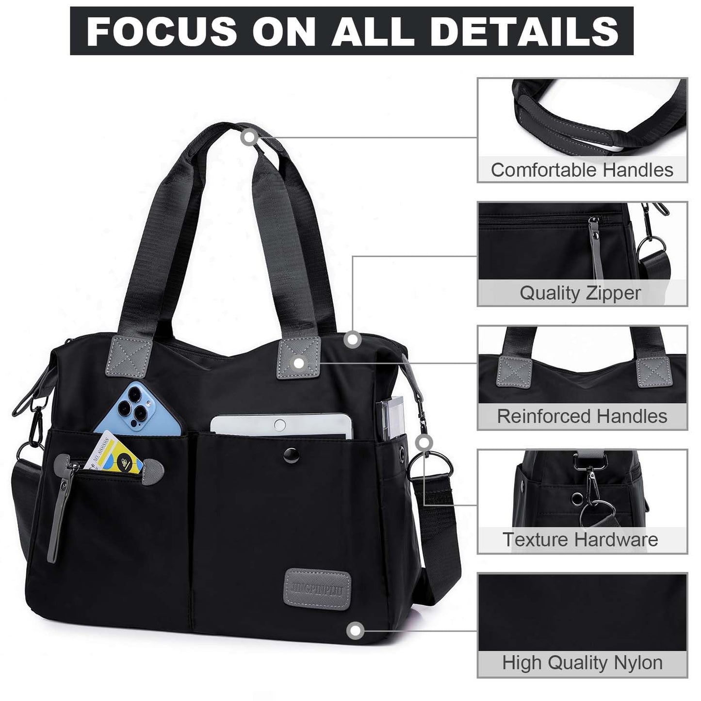 Tote Bag for Women,Multi Pockets Shoulder Handbag,Nurse Bag for Work,Large Cross body Purse,Fashion Nylon Top Handle Satchel