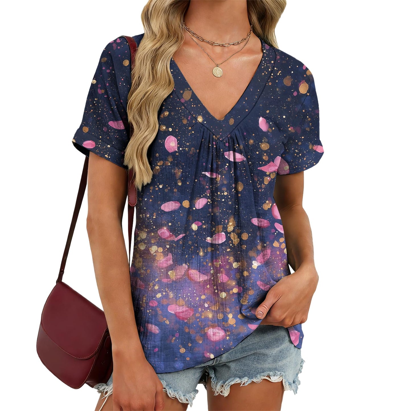 domirica Japanese Print Blouse Women V Neck Short Sleeve Lightweight Breathable Summer Casual Soft Comfy Tops 2026