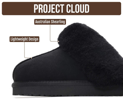Project Cloud Genuine Leather Slippers for Women with Genuine Fur Lining, Non-Slip Indoor/Outdoor Clog Mule Slippers, Memory Foam Insole