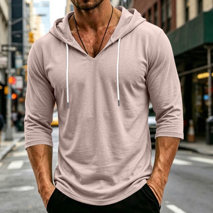Mens Hooded 3/4 Sleeve Pullover Relaxed Fit Casual Lightweight Comfort Top
