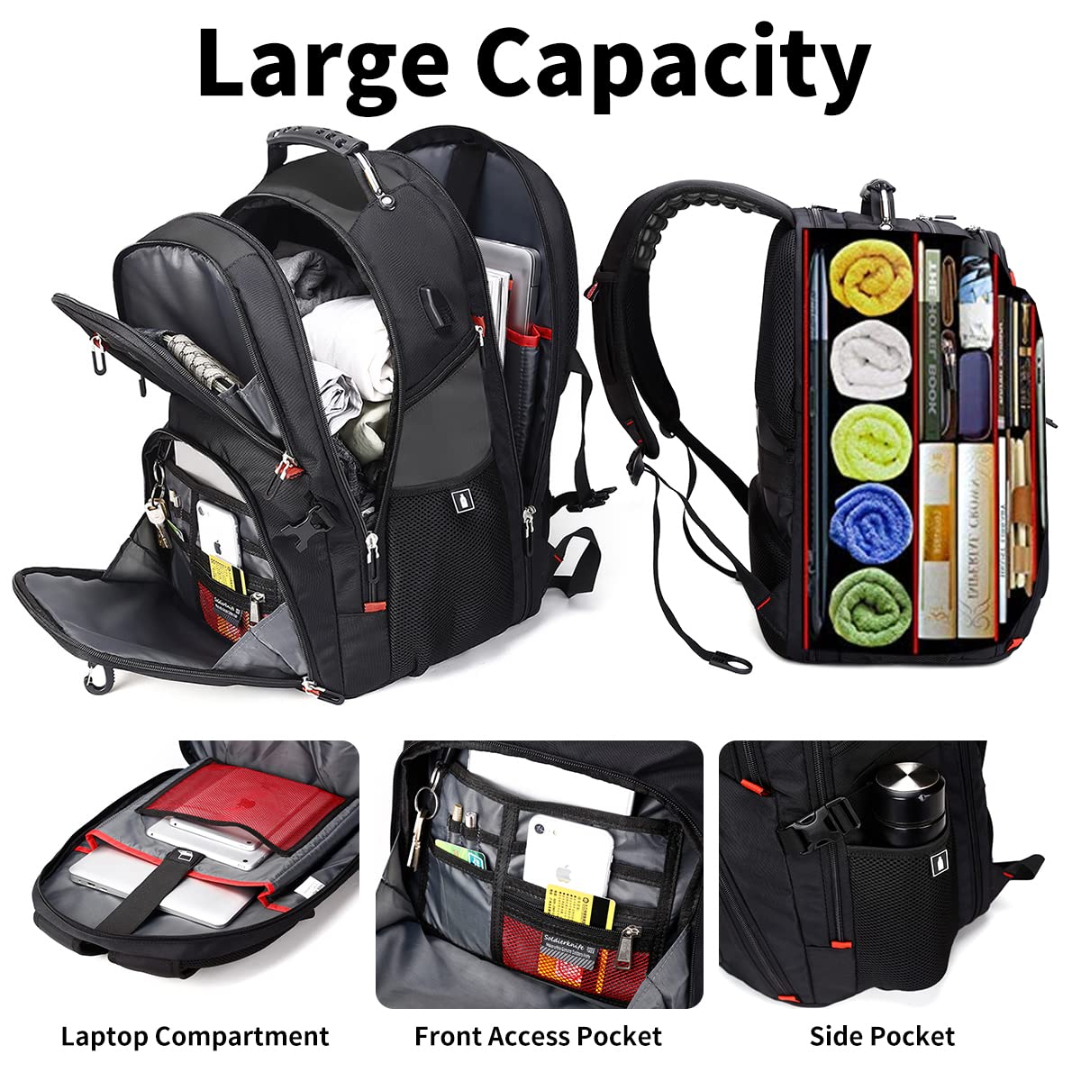SHRRADOO Extra Large 50L Travel Laptop Backpack with combination lock,High School College Backpack Airline Approved Business Work Bag Fit 17 Inch Laptops for Men Women,Black