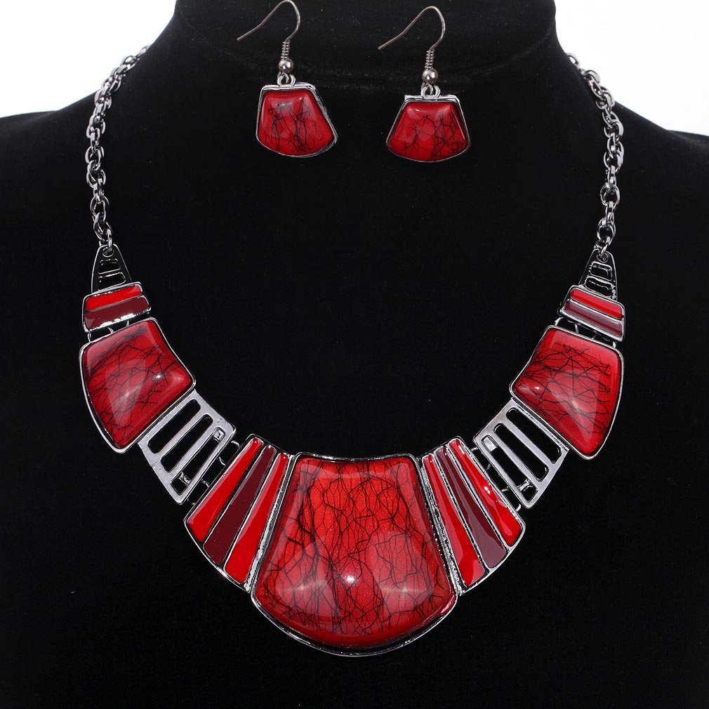 YAZILIND Vintage Ethnic Tibetan Sliver Turquoise Bib Collar Earrings Necklace Jewelry Set Women