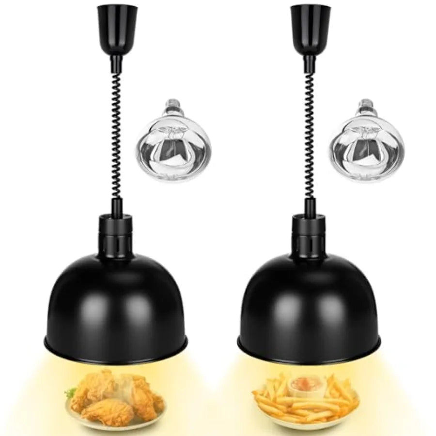 Commercial buffet restaurant kitchen hanging food heat lamp with 250W infrared heating bulb, retractable black metal fixture, 2
