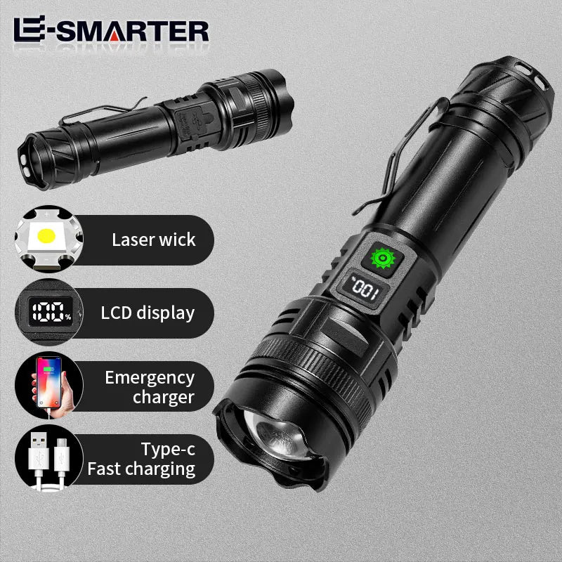High Power LED Flashlight Type-C USB Rechargeable Long Range Tactical Torch Strong Light Lamp Outdoor Ultra Powerful Flash Light