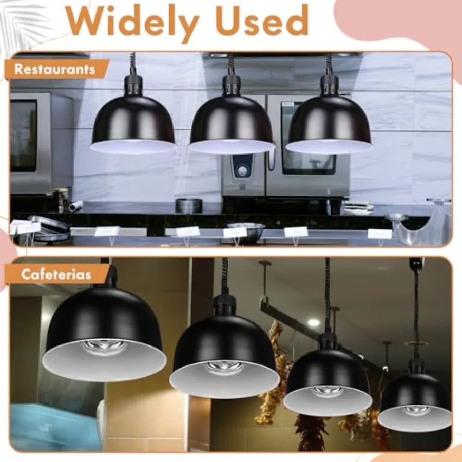 Commercial buffet restaurant kitchen hanging food heat lamp with 250W infrared heating bulb, retractable black metal fixture, 2