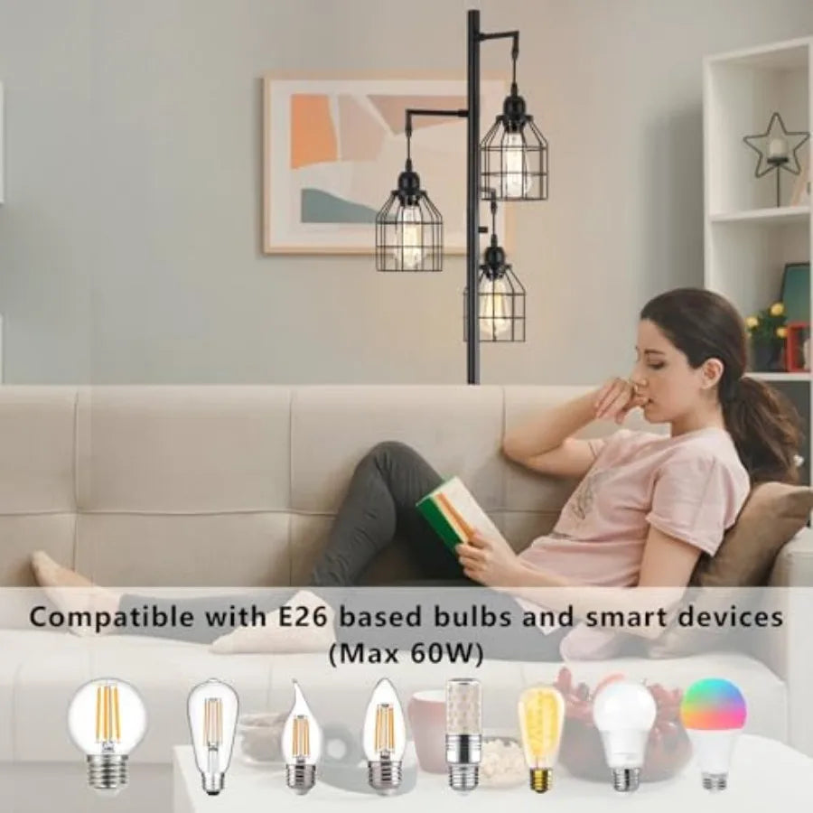 Floor Lamp for Living Room, Farmhouse Industrial Dimmable Floor lamp, 3 Lights Metal Cage Tree Standing Lamp, 68", 3Pcs Led Bul