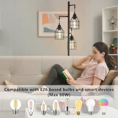 Floor Lamp for Living Room, Farmhouse Industrial Dimmable Floor lamp, 3 Lights Metal Cage Tree Standing Lamp, 68", 3Pcs Led Bul