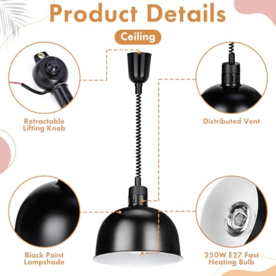 Commercial buffet restaurant kitchen hanging food heat lamp with 250W infrared heating bulb, retractable black metal fixture, 2