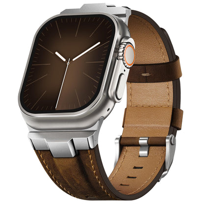 Leather bands Compatible With Apple Watch Ultra Band 49mm 46mm 45mm 44mm 42mm, Superior Genuine Leather Rugged Metal Connector Durable Strap for Men iWatch Ultra3 2 1,Series 11 10 9 8 7 6 5 4 3 SE3 SE