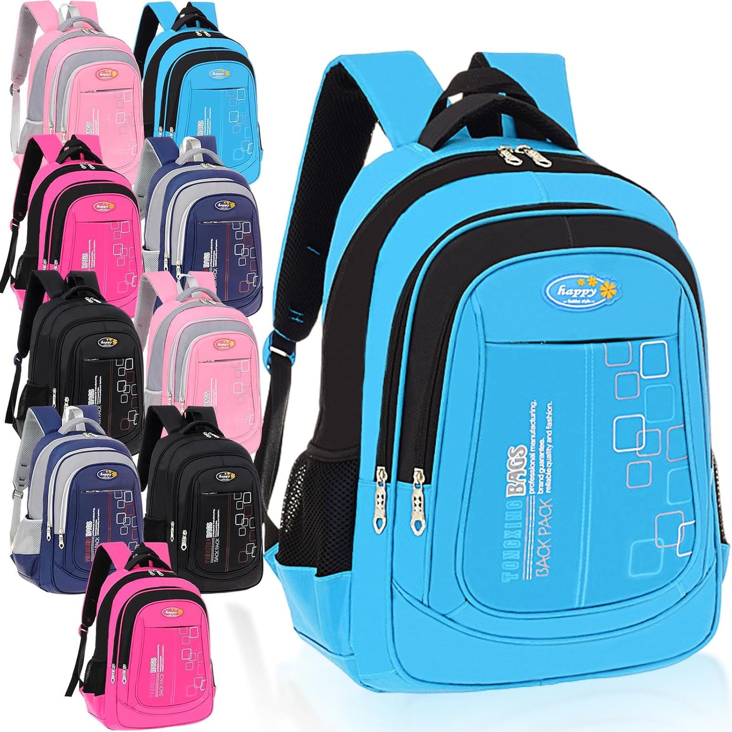 PerKoop 10 Pcs 17 Inch Kids Backpacks Bulk, Classic Student Bags for School | Printed Bulk Pack, Padded Straps, Side Bottle Holder, Middle School, Donation Charity Use