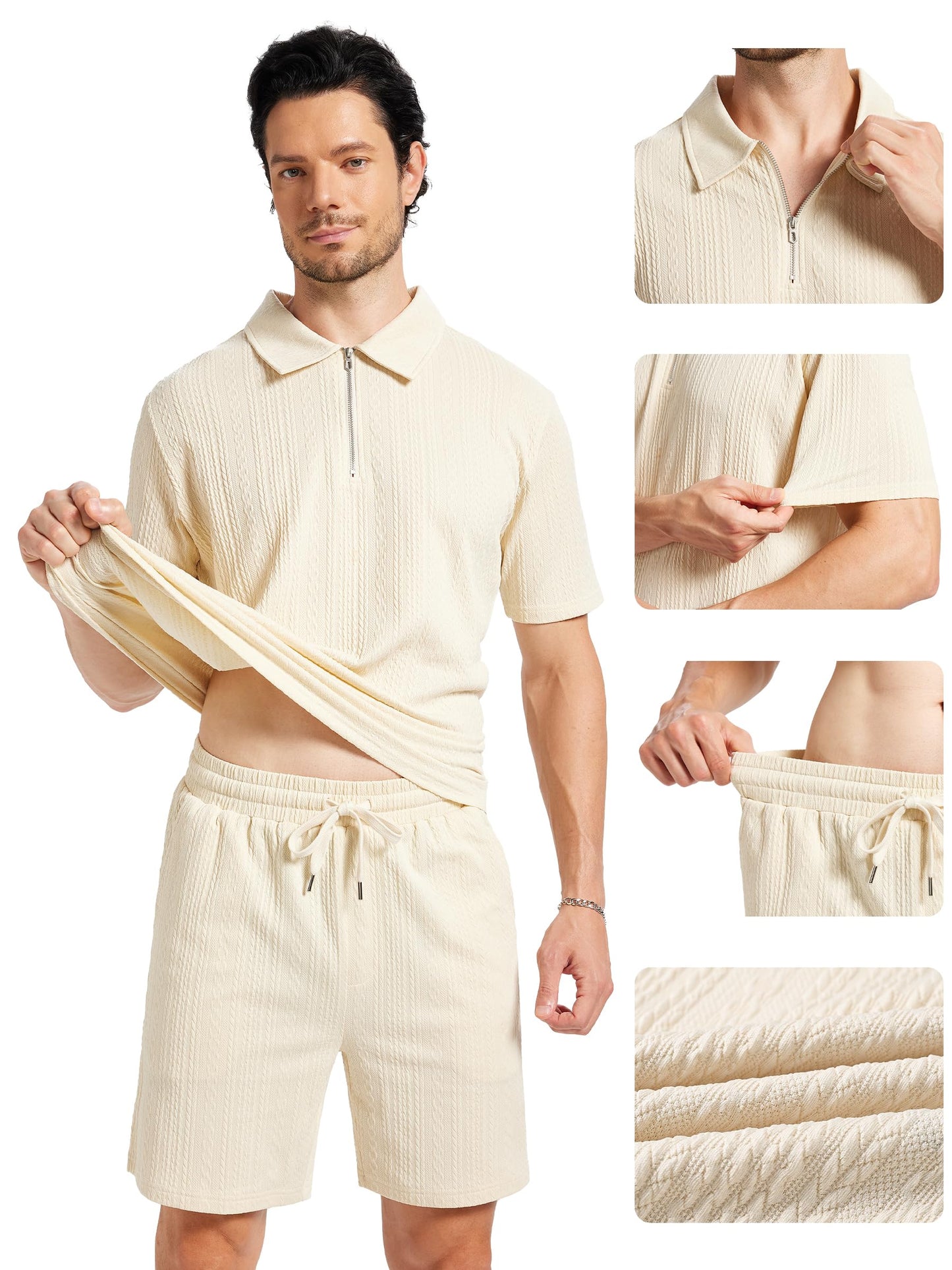 yuyangdpb Men's 2 Piece Summer Vacation Outfits Polo Shirt & Shorts Set | Breathable Textured Knit Fabric, Stretchy, Soft, Moisture-wicking, Lightweight, Ideal for Beach Casual Tracksuit, M-2XL