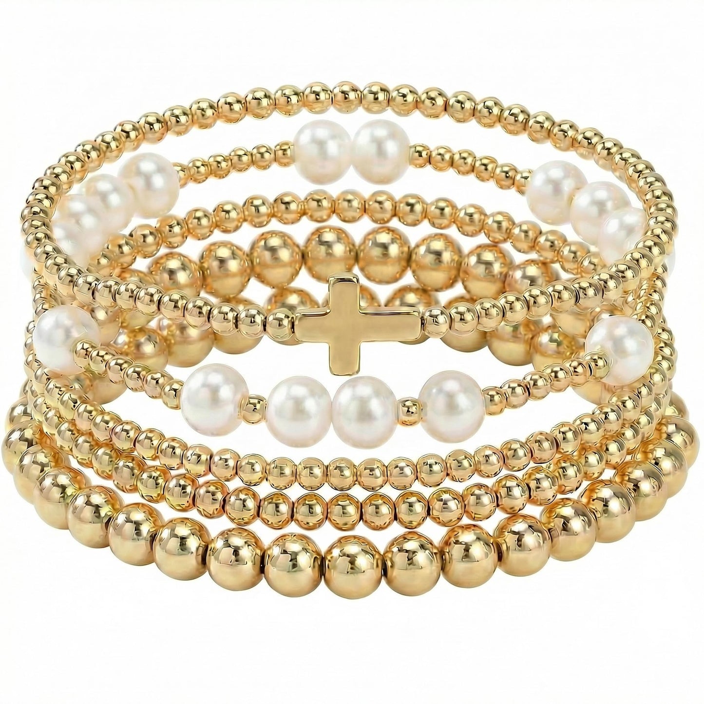 14K Gold Plated Pearl Beaded Cross Bracelets Stack Set for Women,Stretch Boho Colorful Christian Beads Ball Jewelry Friendship Summer Trendy Gift