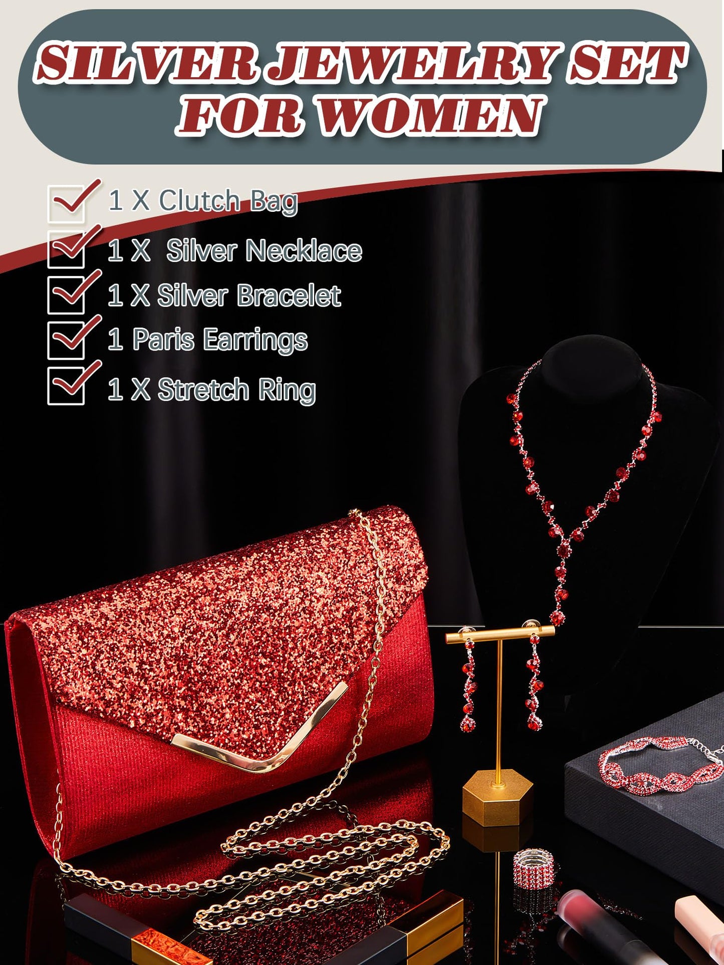 Henoyso 5 Pcs Purse Rhinestone Jewelry Set Prom Jewelry Rhinestone Clutch Purse Necklace Earrings Bracelets for Women Bride