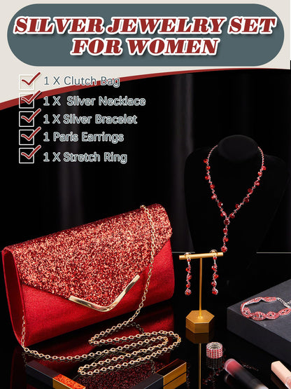 Henoyso 5 Pcs Purse Rhinestone Jewelry Set Prom Jewelry Rhinestone Clutch Purse Necklace Earrings Bracelets for Women Bride