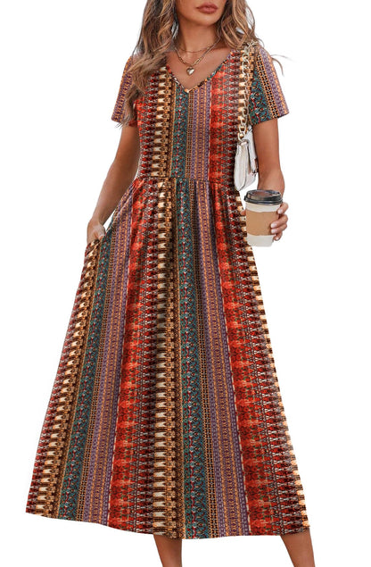 OFEEFAN Summer Dresses for Women Flowy Casual A-Line Midi Dress Beach Vacation Sundresses with Pockets S-2XL