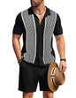 COOFANDY Men's 2 Piece Outfit Vintage Short Sleeve Button Down Knit Polo Shirts Casual Beach Shorts Sets