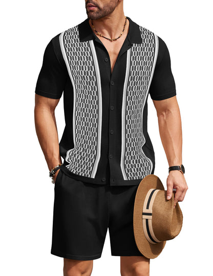 COOFANDY Men's 2 Piece Outfit Vintage Short Sleeve Button Down Knit Polo Shirts Casual Beach Shorts Sets