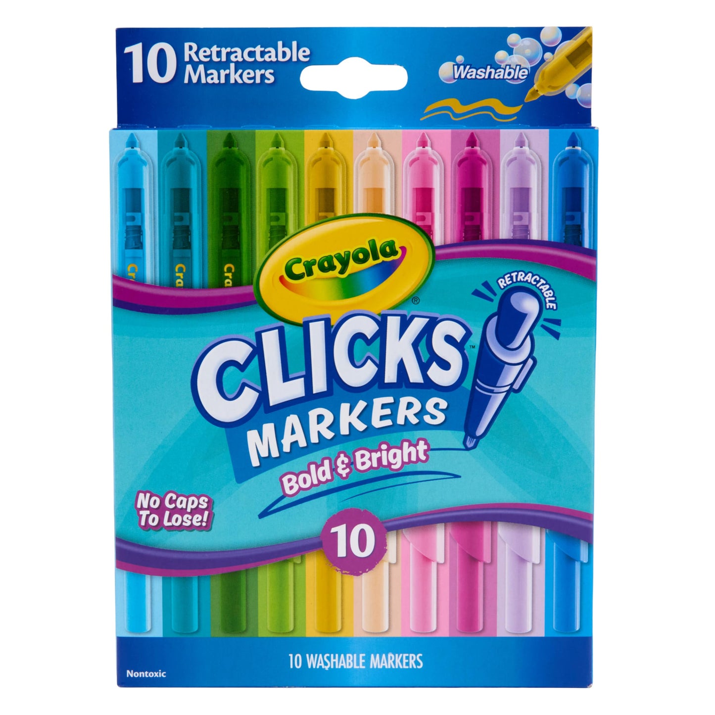 Crayola Clicks Retractable Tip Markers (10ct), Washable Cone Tip Art Marker Set, Cute Aesthetic School Supplies, Classroom Must Haves, Ages 3+