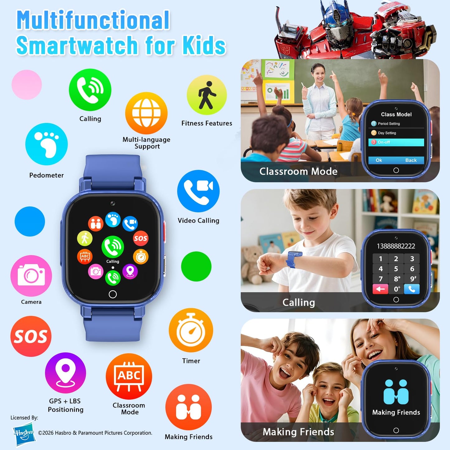 Transformers 4G Kids Smart Watch Phone, GPS, Video Call, Waterproof - Pink | Smartwatch for Boys Girls Ages 4-12, Class Mode, SOS, Camera, Alarm, Touch Screen, Gifts with Bonus Woven Strap & SIM Card