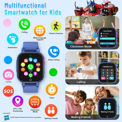 Transformers 4G Kids Smart Watch Phone, GPS, Video Call, Waterproof - Pink | Smartwatch for Boys Girls Ages 4-12, Class Mode, SOS, Camera, Alarm, Touch Screen, Gifts with Bonus Woven Strap & SIM Card