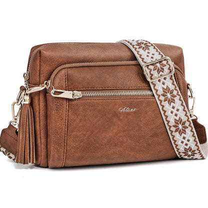 Small Leather Crossbody Bags for Women Anti theft Purses and Handbag Shoulder Hangbag with Wide Strap Tassel