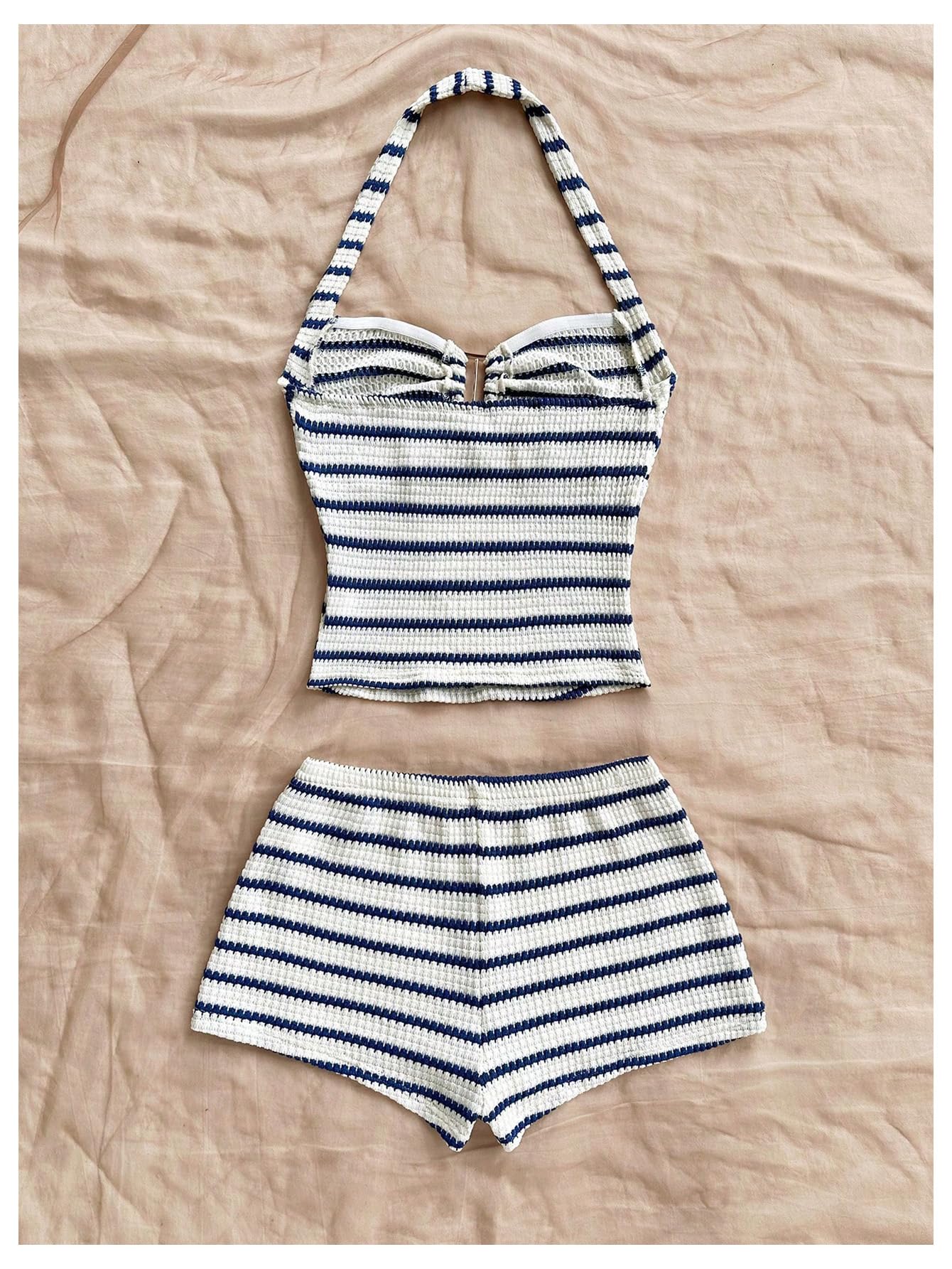SOLY HUX Women's Summer 2 Piece Outfits Striped Crochet Halter Top Mini Shorts Set Beach Vacation Y2K Sets