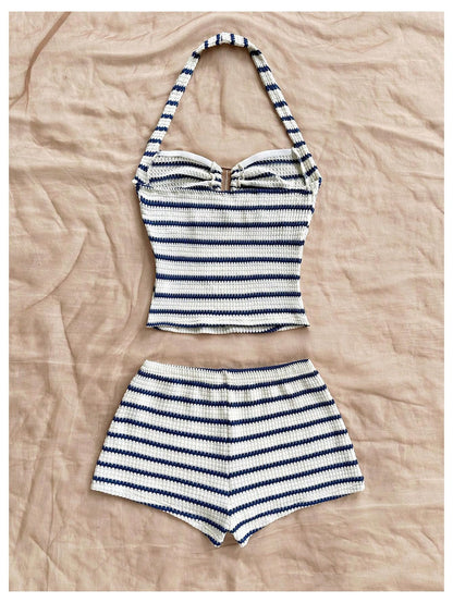 SOLY HUX Women's Summer 2 Piece Outfits Striped Crochet Halter Top Mini Shorts Set Beach Vacation Y2K Sets