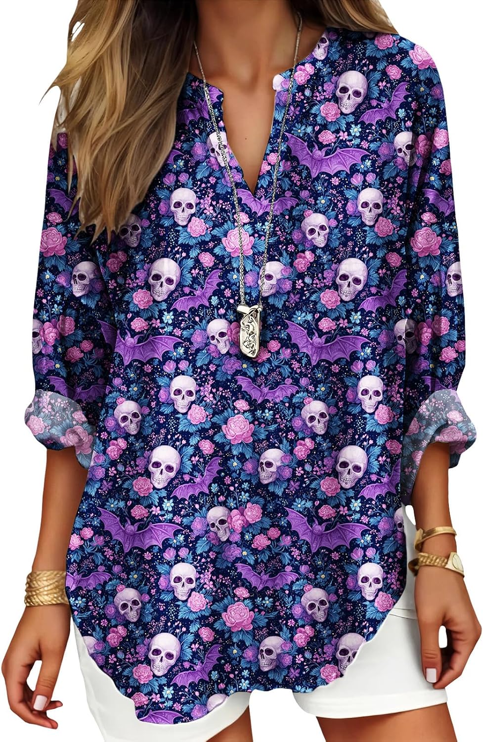 Womens Bohemian Print Tunic Top Cotton Blend V Neck Long Sleeve Loose Fit Casual Blouse for Summer Beach Vacation