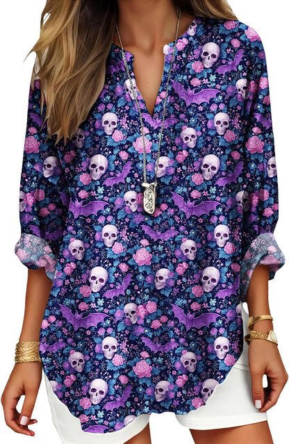 Womens Bohemian Print Tunic Top Cotton Blend V Neck Long Sleeve Loose Fit Casual Blouse for Summer Beach Vacation