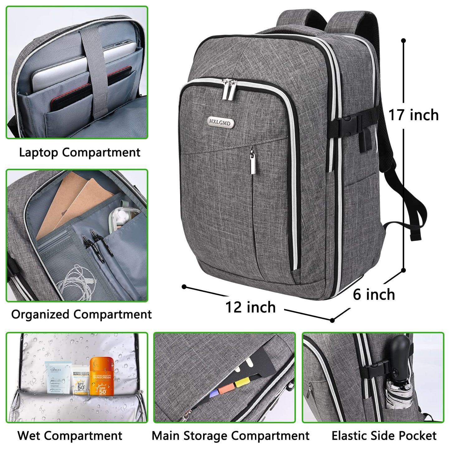 Travel Carry On 17.5" Laptop Expandable Backpack for Men Women, Personal Item Bag Waterproof Airline Approved with USB Charging Hole 3 Packing Cubes, Large Weekender Daypack Business Luggage Suitcase