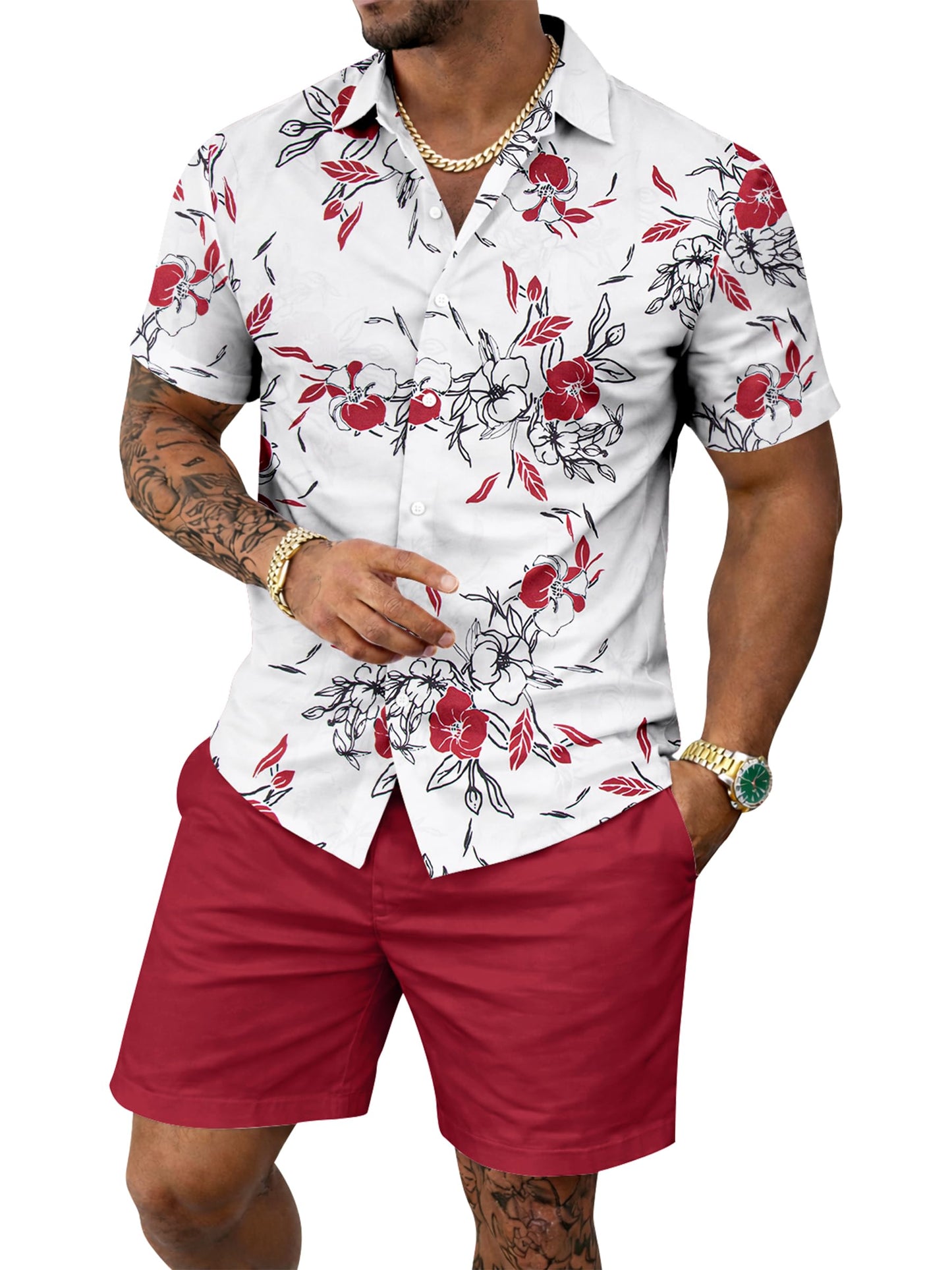 Yoimira Men's Summer Outfits 2 Piece Short Sets Hawaiian Floral Button Down Shirt and Shorts Vacation Beach Cruise Set