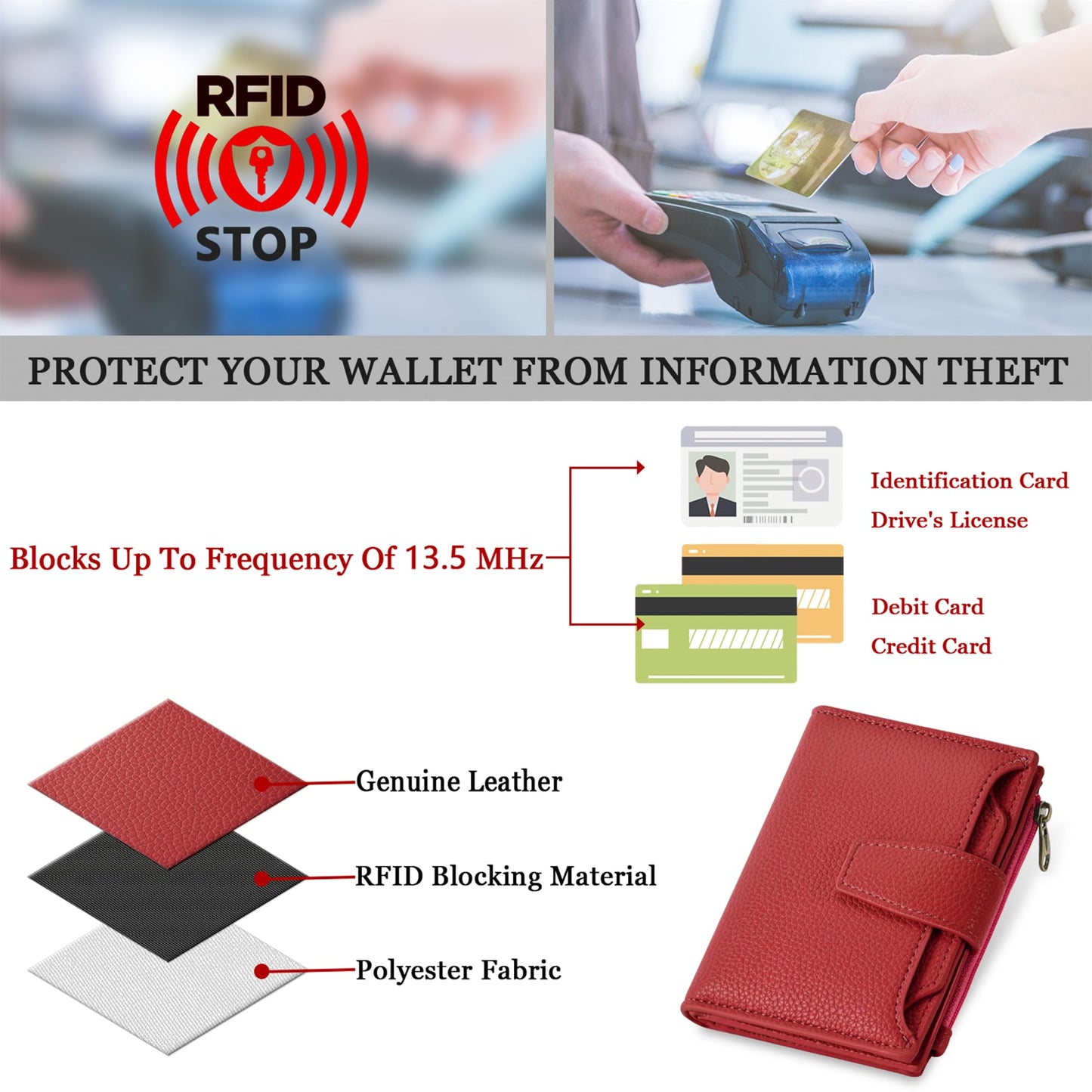 Airkit Small Wallet Women RFID Blocking Soft Leather Bifold Compact Card Holder Wallet for Women with Zipper Coin Pocket 4 ID Window