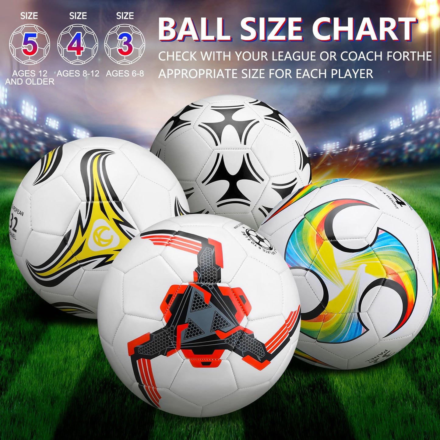 Tradder 4 Pack Soccer Ball with Pump Size 3 4 5 Deflated Soccer Ball for Outdoor Indoor Game Sport Practice Training Gift for Kid Youth Teen Adult Charity Donation